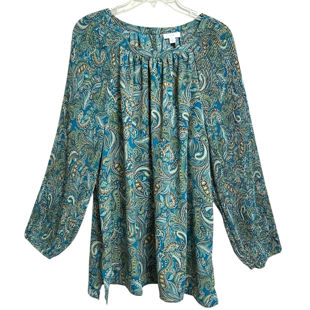 J. Jill Paisley Micro Pleat Tunic Top XL Blue Green Long Sleeves Office Career